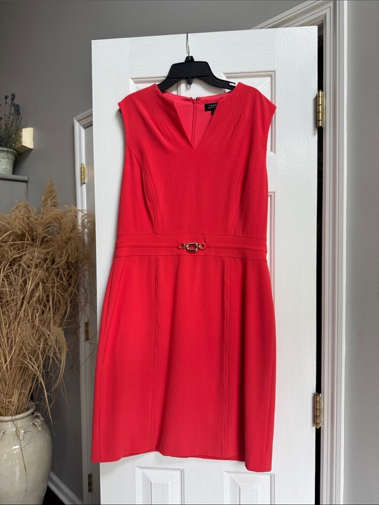 Tahari ASL Dresses & Skirts - Tahari ASL Coral-Red Midi Sheath Dress with Decorative Waist Buckle